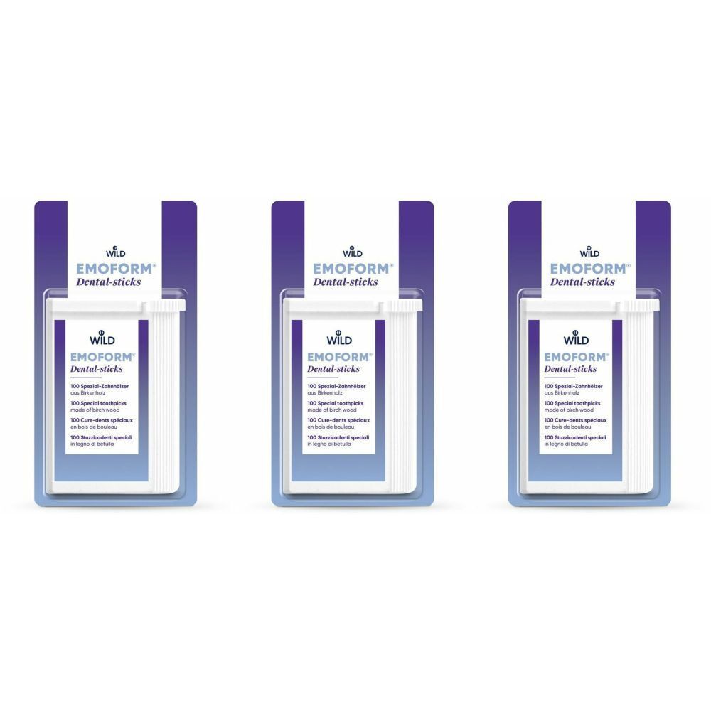 Trois paquets de EMOFORM Dental-sticks. Chaque paquet affiche le nom du produit et du texte. Bâtonnets blancs dans un emballage blanc.