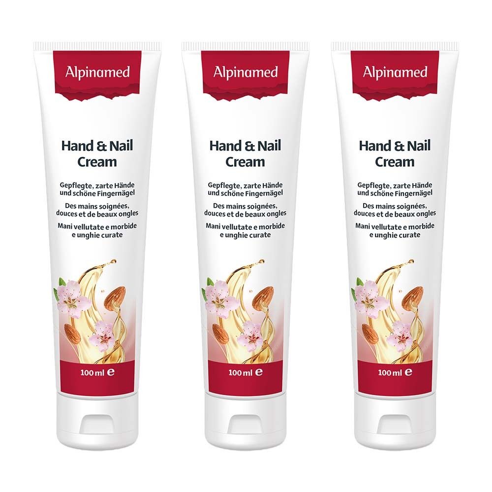 Trois tubes de crème mains et ongles. Blanc, avec bande rouge et illustration. Nom et marque visibles.