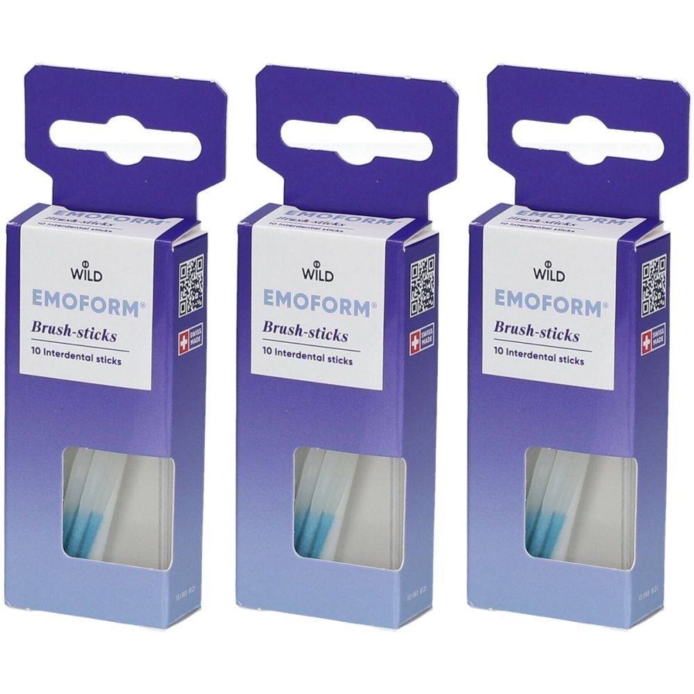 Trois boîtes de EMOFORM Brush-sticks. Chaque boîte contient 10 bâtonnets interdentaires. Les bâtonnets bleus et blancs sont visibles.