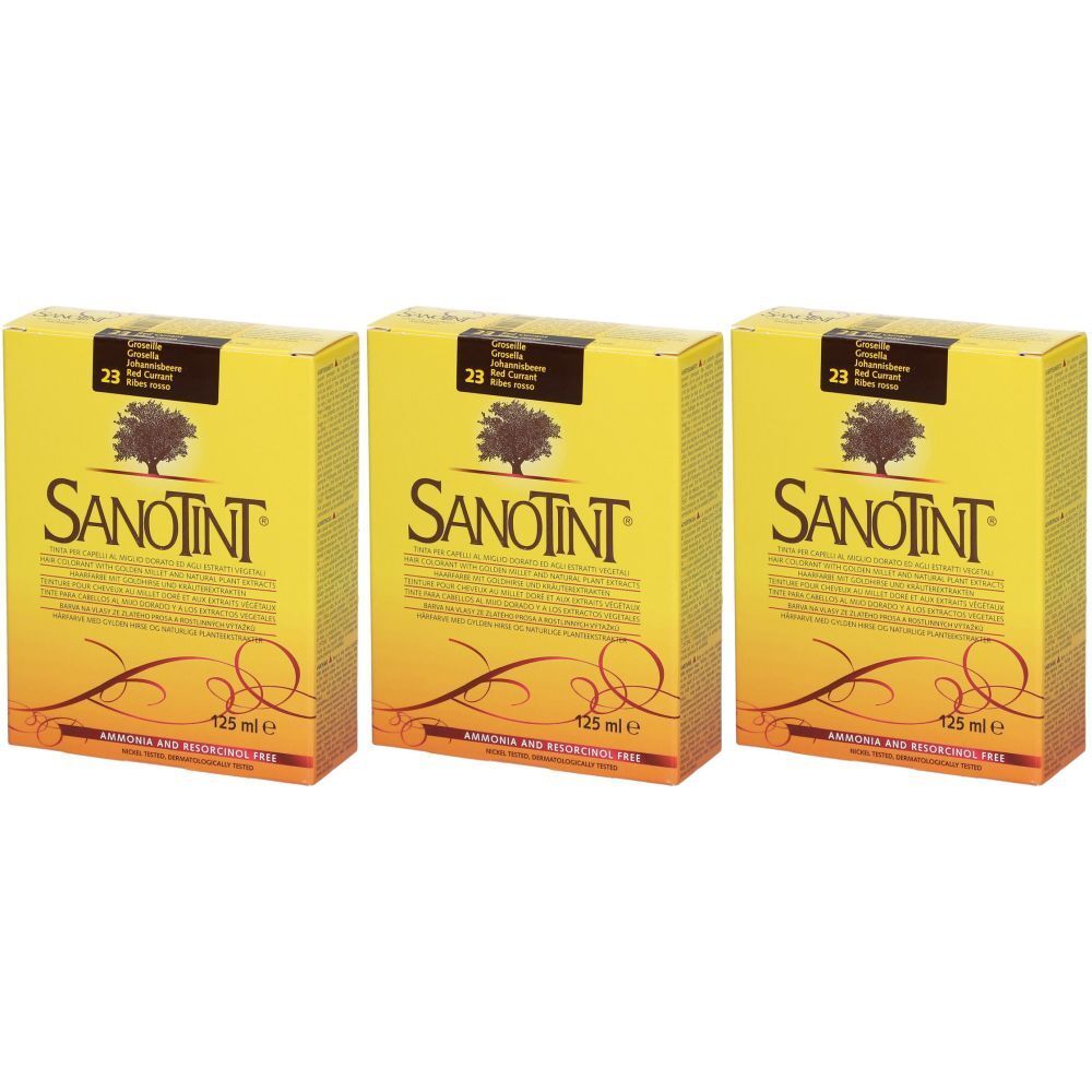 Trois boîtes jaunes avec le mot SANOTINT. Le numéro 23 est visible. Inscription : Ammonia and Resorcinol Free.