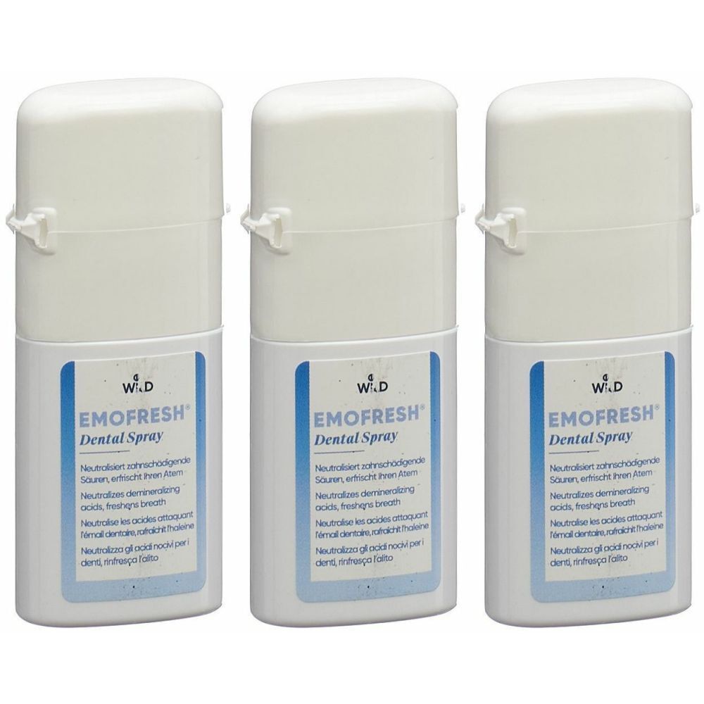 Trois flacons de spray blancs avec bouchons. Étiquettes avec "EMOFRESH Dental Spray" et texte. Logo W.D.