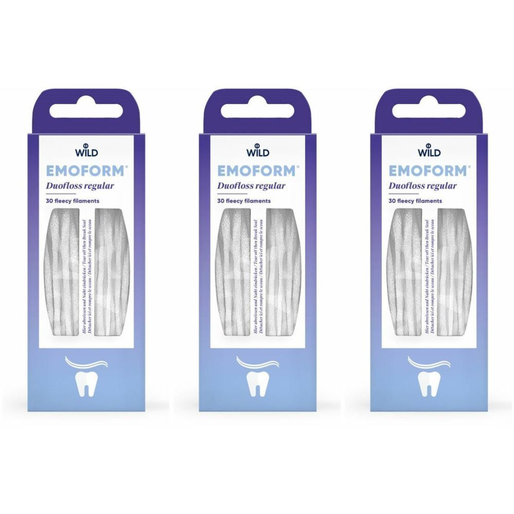 Trois boîtes de EMOFORM Duofloss regular. Emballage bleu avec nom du produit, symbole dentaire et 30 filaments.
