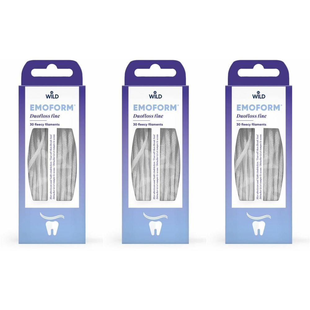 Trois boîtes de EMOFORM Duofloss fine. Chaque boîte contient un rouleau de fil dentaire blanc. Inscription: WILD, EMOFORM, Duofloss fine, 30 filaments fins.