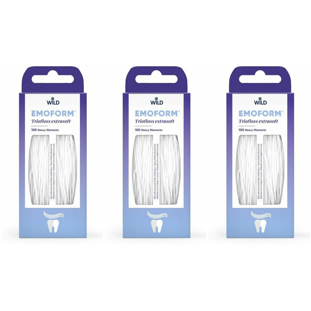 Trois boîtes de fil dentaire EMOFORM Triofloss extrasoft. Emballage bleu et blanc avec le logo de la marque. Chaque boîte contient du fil dentaire blanc.