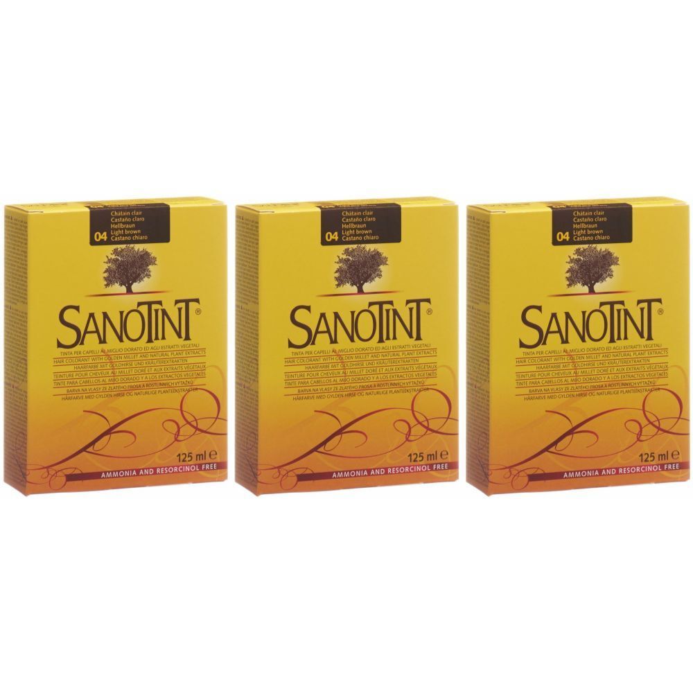 Trois boîtes de SANOTINT Haarfarbe hellbraun 04. Emballage jaune-orangé avec logo arbre. Texte: Ammonia and resorcinol free. 125 ml.