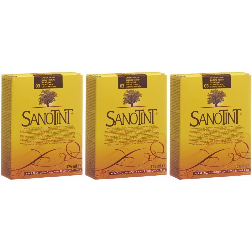 Trois boîtes de SANOTINT Haarfarbe naturbraun 03. Emballage jaune avec logo arbre marron et texte. Texte: 125 ml, sans parabène, sans ammoniaque, sans résorcinol.