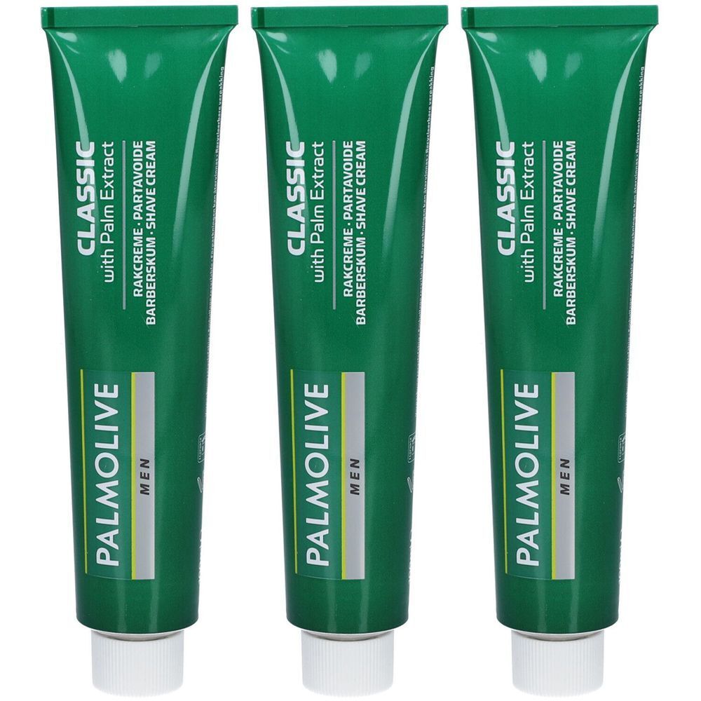 Trois tubes de crème à raser verts. Chaque tube porte l'inscription "PALMOLIVE MEN CLASSIC". Texte en anglais, allemand, français et néerlandais.