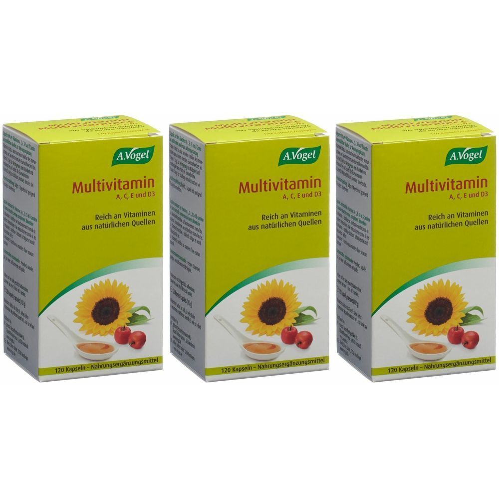 Trois boîtes de Multivitamines A. Vogel. Emballage jaune avec tournesol, fruits rouges et nom du produit. Texte: Multivitamines ACE et B9.