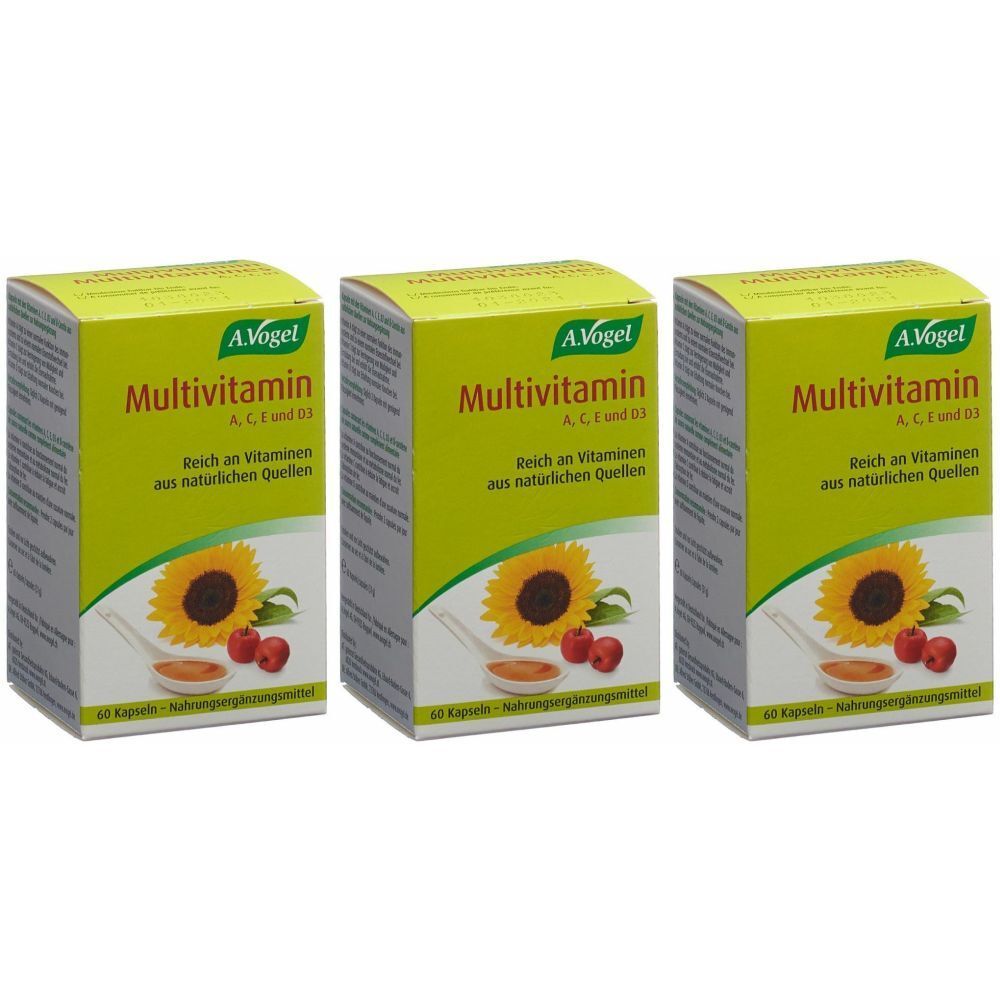 Trois boîtes de « A.Vogel Multivitamin ». Inscription : Riche en vitamines issues de sources naturelles. Illustration : tournesol, pommes.