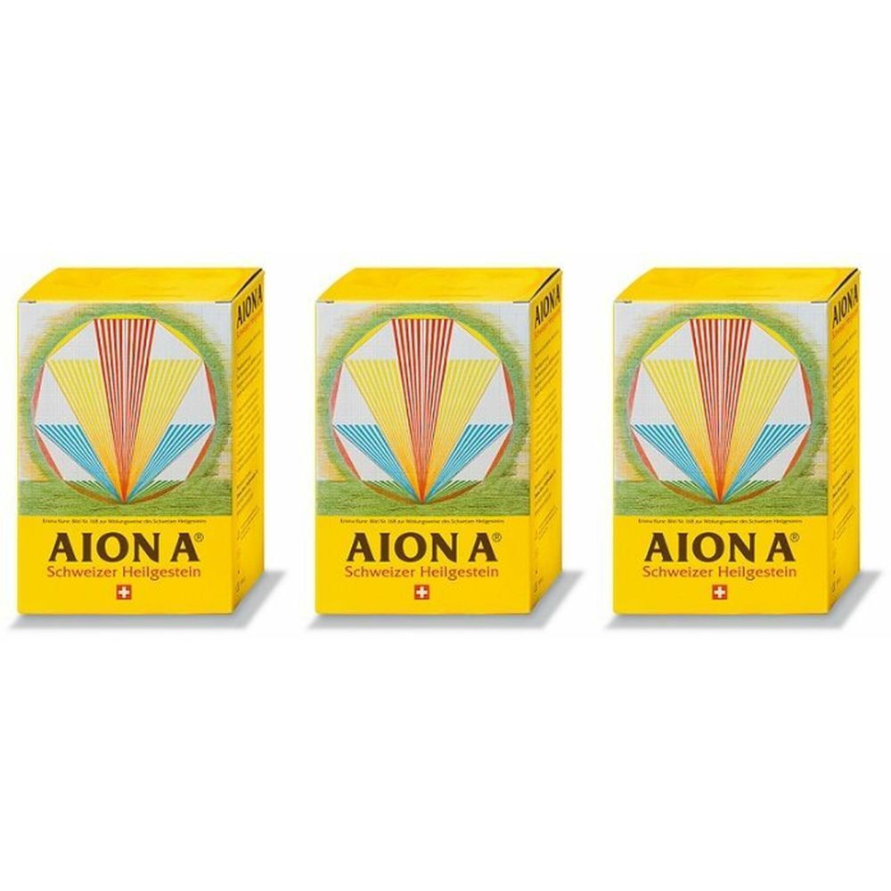 Trois boîtes jaunes avec le nom du produit AION A. Chaque boîte présente un motif géométrique coloré.