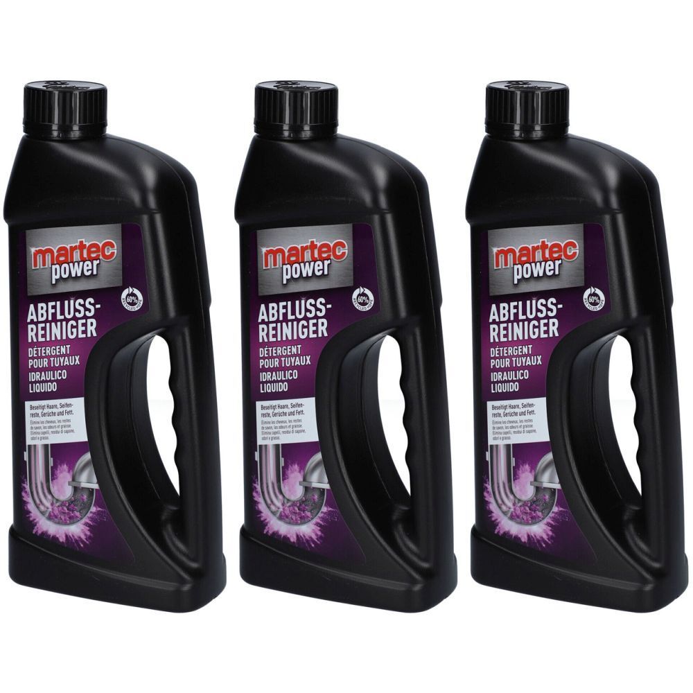 Trois bouteilles noires avec bouchon et poignée noirs. Inscription : martec power ABFLUSS-REINIGER. Nettoyant liquide pour canalisations.
