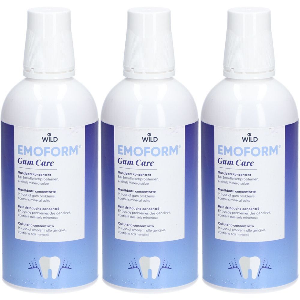 Trois flacons de bain de bouche. Corps blanc, étiquette bleue avec nom du produit et symbole dentaire.