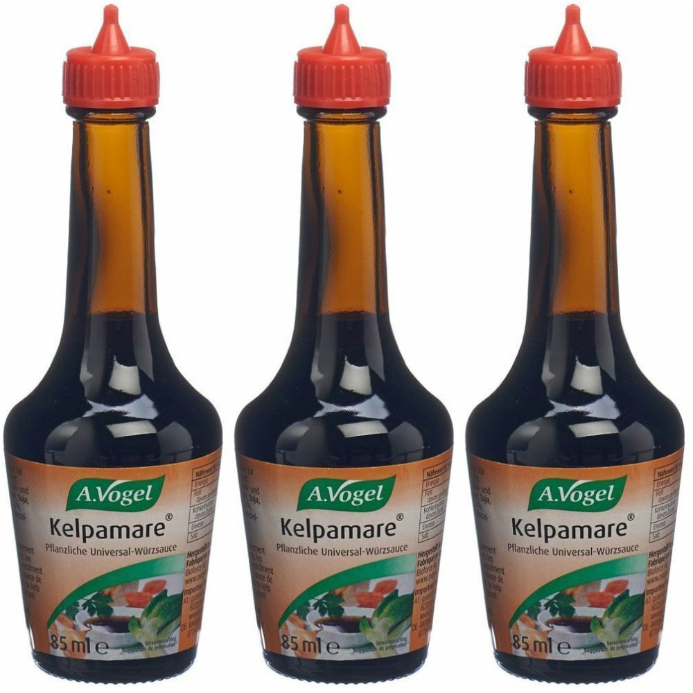 Trois bouteilles avec bouchons rouges. Étiquettes : "A. Vogel Kelpamare". Contiennent un liquide foncé. 85 ml.