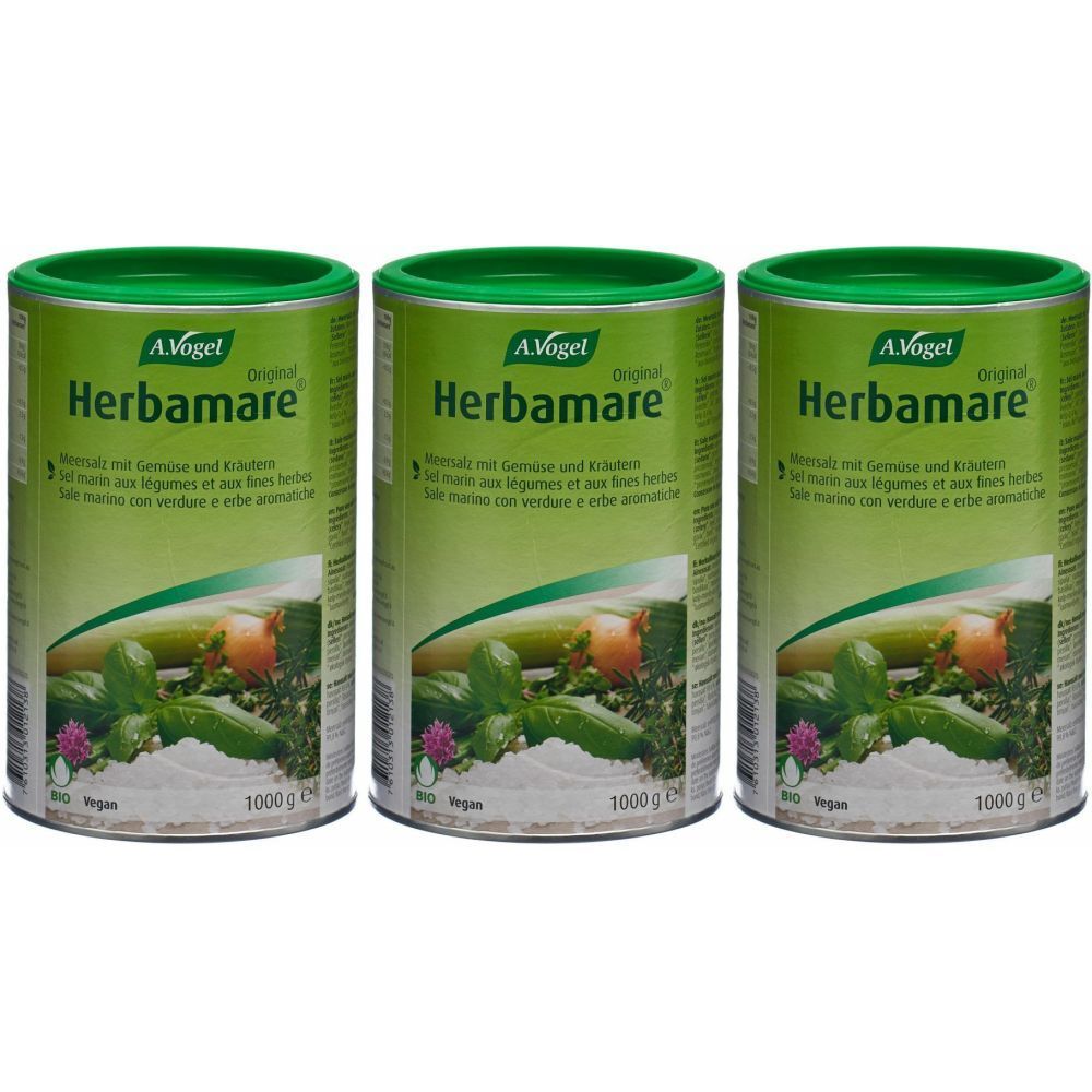 Trois boîtes de sel aux herbes. Emballage vert et blanc avec nom du produit et illustration de légumes. Label végan.