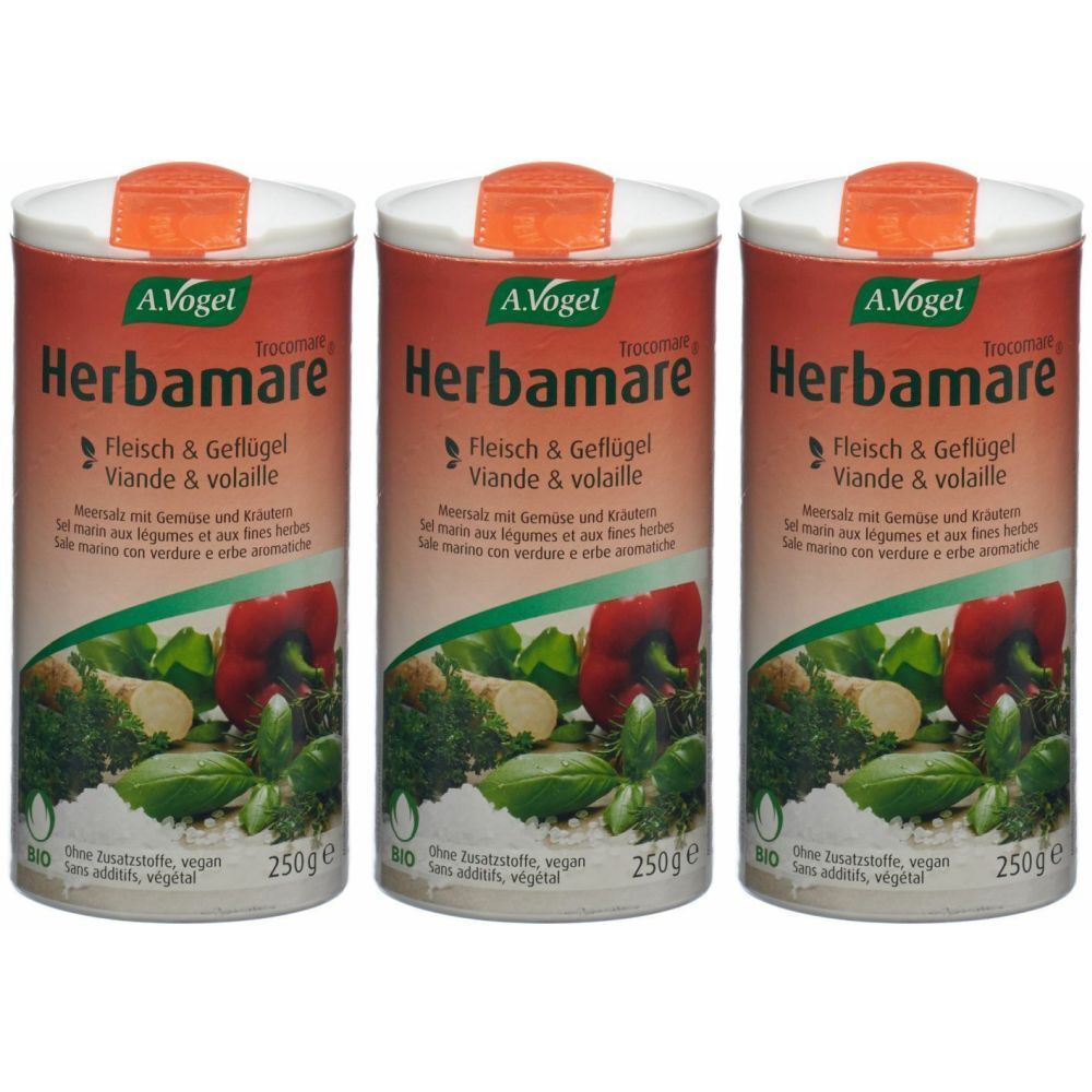 Trois boîtes cylindriques avec l'étiquette "Herbamare". Inscription : "Fleisch & Geflügel". Illustration de légumes. Couvercle orange.