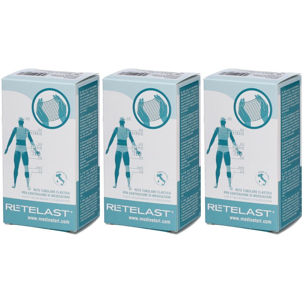 Trois boîtes de RETELAST. Emballage bleu clair avec illustration d'un corps humain et d'un bandage en filet.