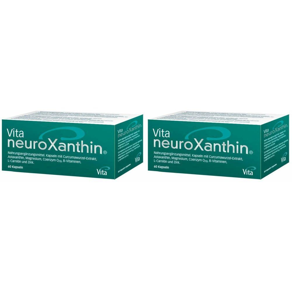 Deux boîtes de Vita neuroXanthin. Inscription : Complément alimentaire, gélules avec extrait de curcuma, astaxanthine, magnésium, coenzyme Q10, vitamines B.