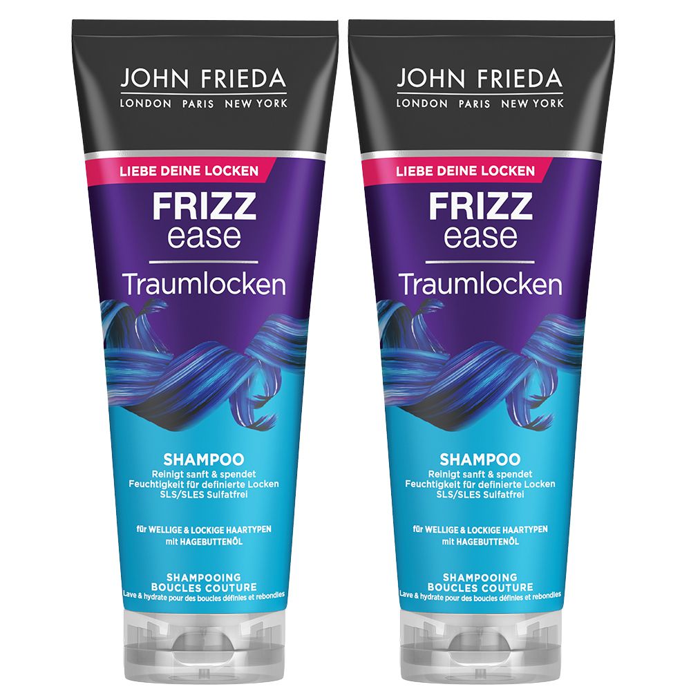 Deux flacons de shampooing. Bouchon noir, corps violet-bleu avec texte. Marque : John Frieda Frizz Ease Traumlocken Shampoo.