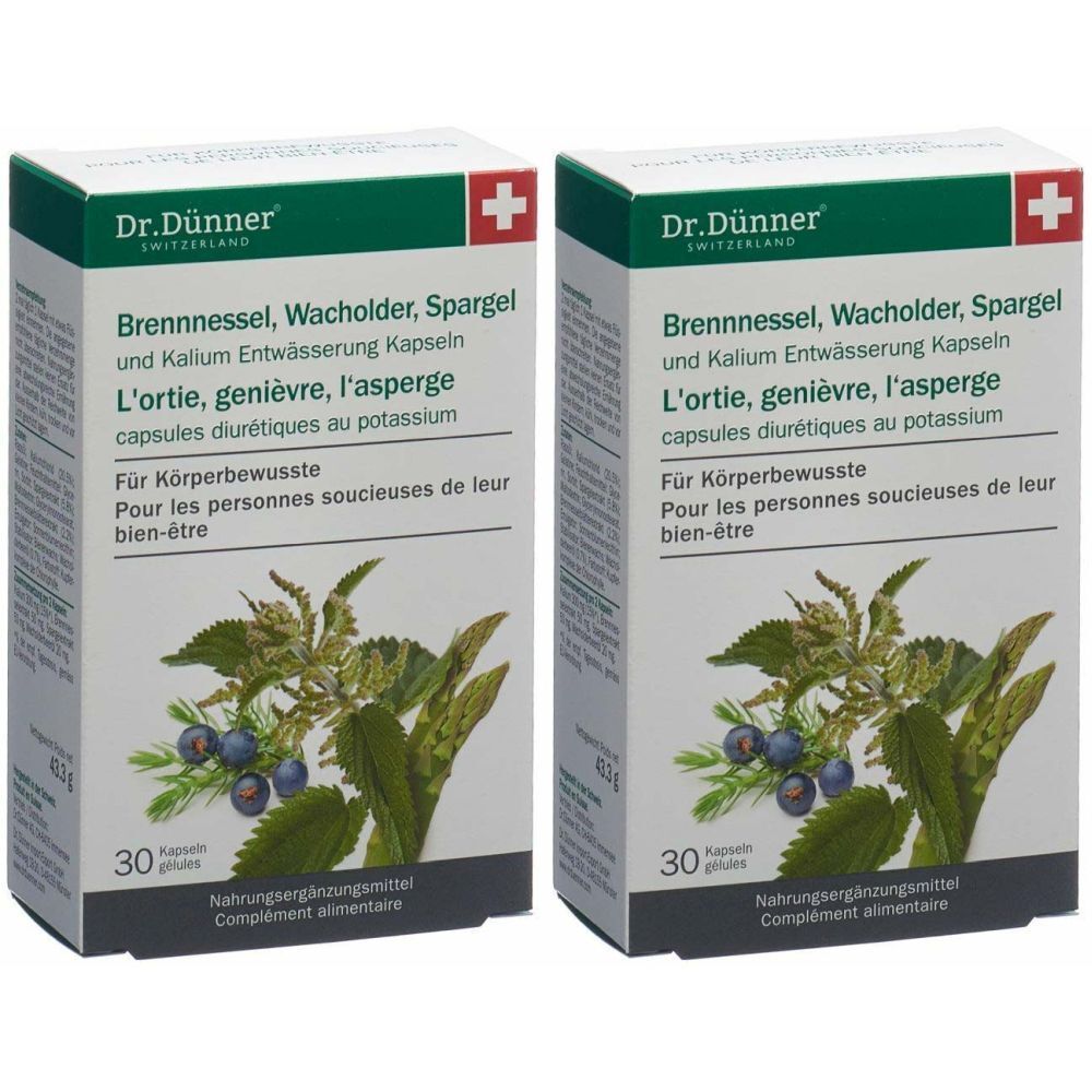 Deux boîtes avec impression du produit. Inscription : Brennnessel, Wacholder, Spargel. Marque : Dr. Dünner. 30 gélules.