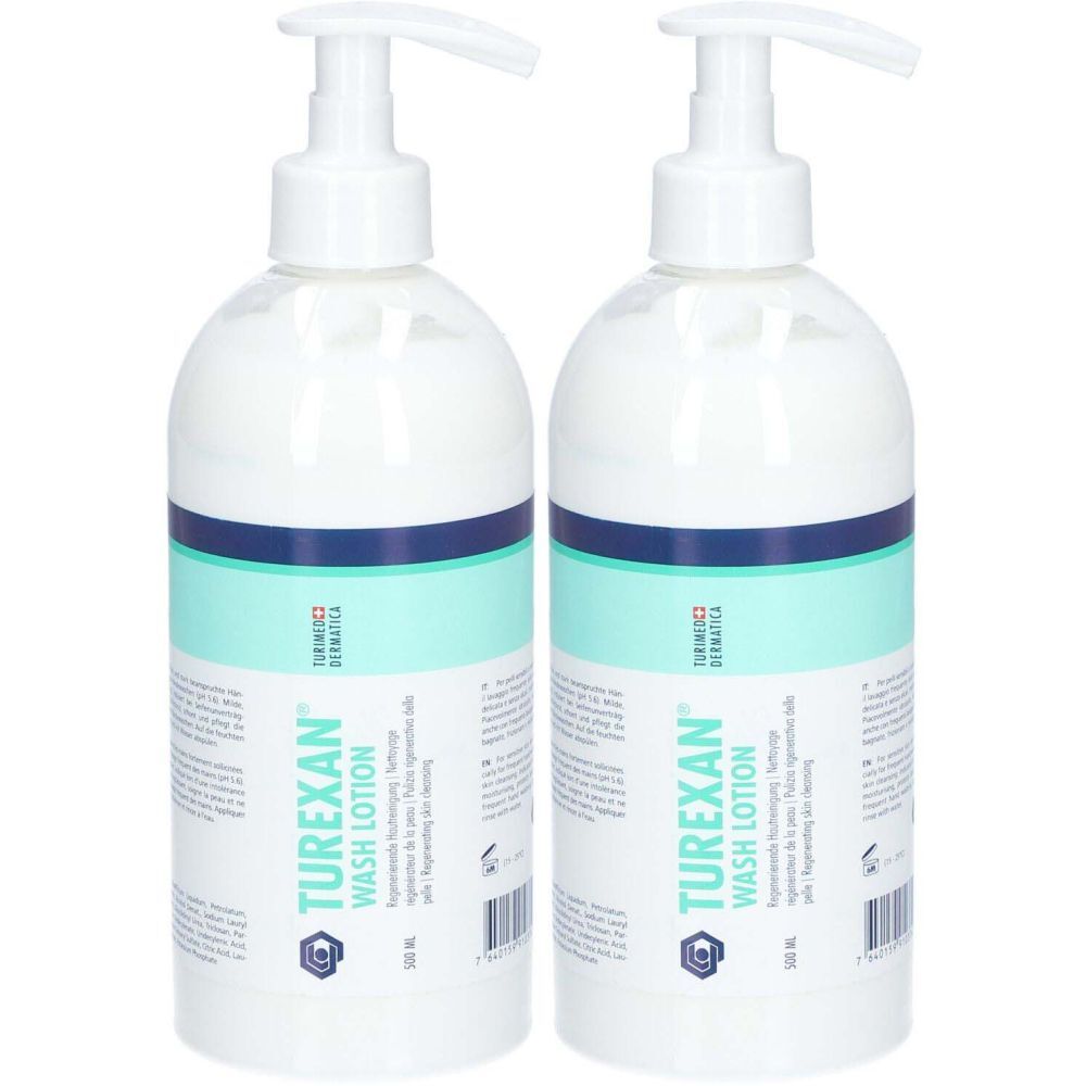 Deux flacons blancs avec pompe. Inscription: TUREXAN WASH LOTION. Bande turquoise avec texte.