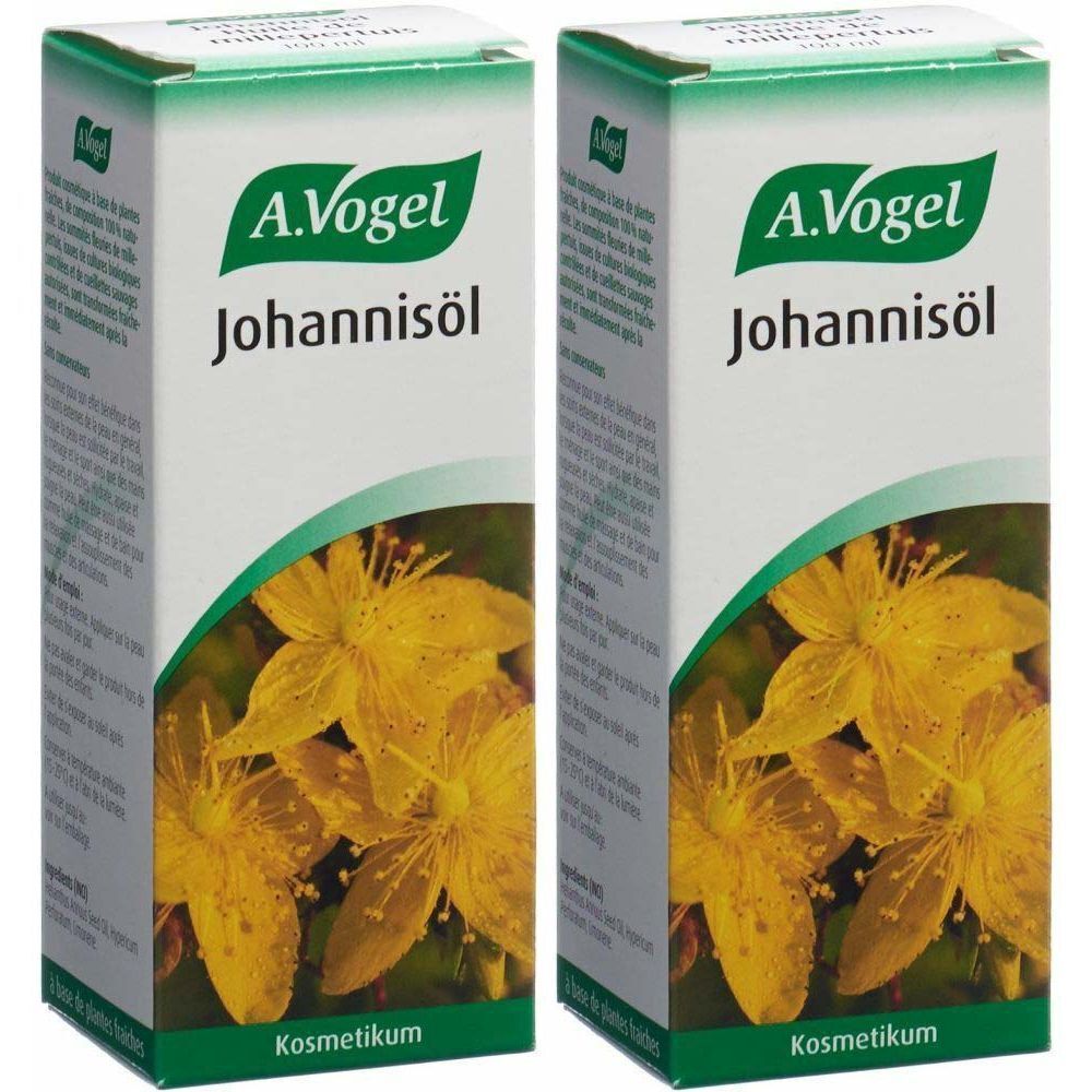 Deux boîtes de Johannisöl. Marque A. Vogel et nom du produit. Image de fleurs jaunes. Mention Kosmetikum.