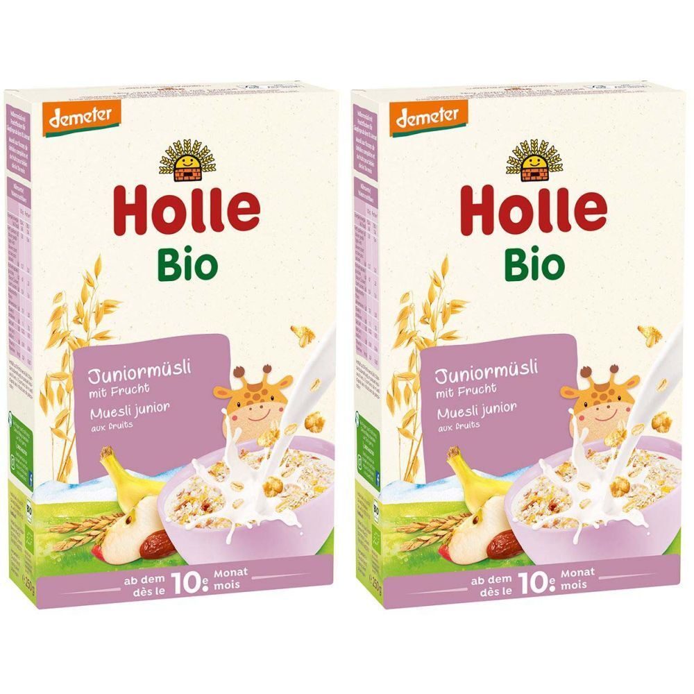 Deux boîtes de Holle Bio Juniormüsli. Inscription : Juniormüsli mit Frucht, à partir du 10e mois. Label Demeter.