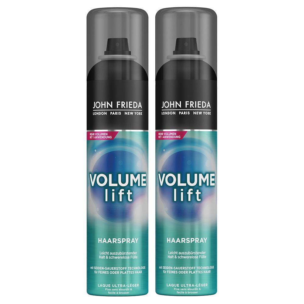 Deux flacons de laque pour cheveux. Bouchons noirs, étiquettes bleues et blanches avec du texte. Marque : JOHN FRIEDA. Nom du produit : VOLUME lift HAARSPRAY.