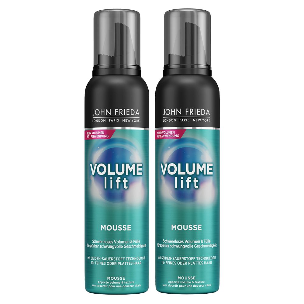 Deux flacons noirs de mousse JOHN FRIEDA Volume Lift. Étiquettes turquoise et blanches avec nom et texte du produit. Tête de pulvérisation noire.