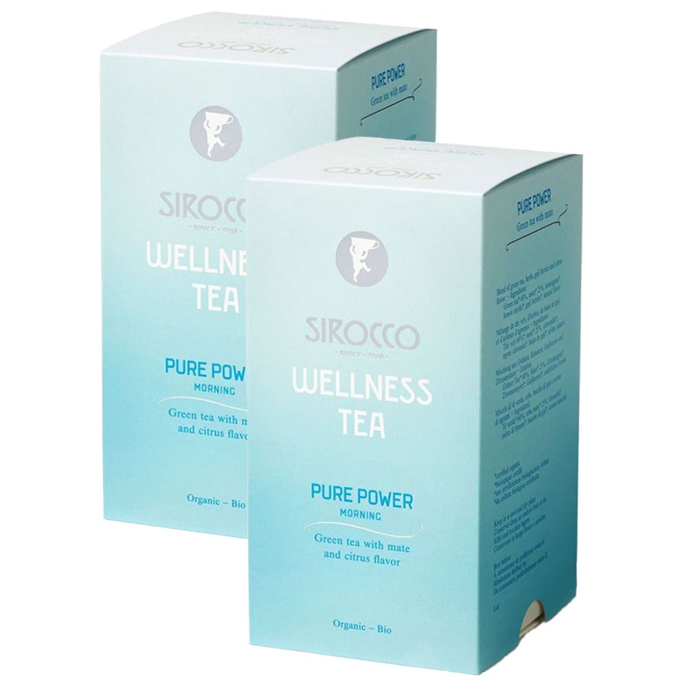 Deux boîtes de SIROCCO Wellness Tea. Emballage bleu clair avec nom et logo du produit. Inscription 'Pure Power Morning'.