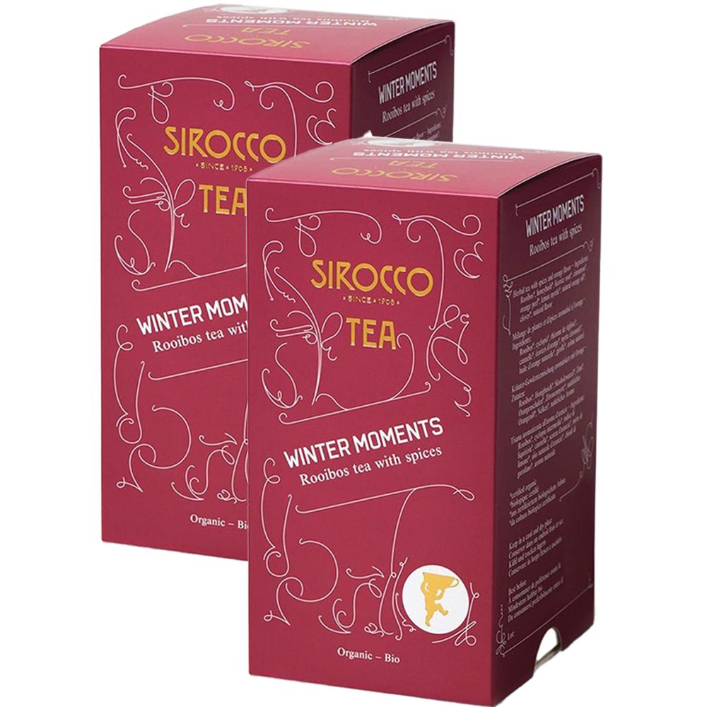 Deux boîtes rectangulaires SIROCCO TEA. Inscription: WINTER MOMENTS Rooibos tea with spices. Couleur: rouge. Avec label bio.
