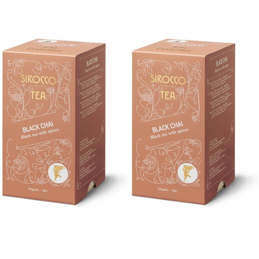 Deux boîtes marron SIROCCO TEA Black Chai. Inscription : Black Chai, Bio. Design décoratif avec logo.