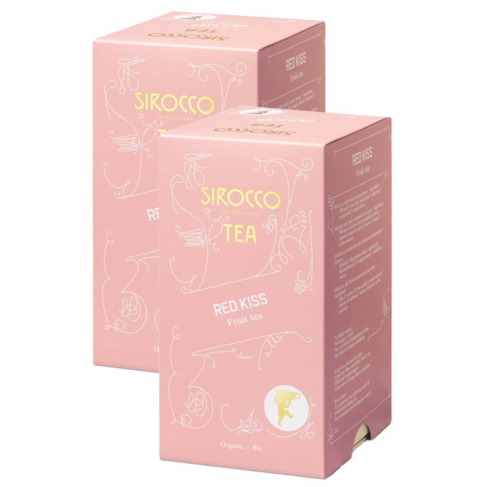 Deux boîtes roses. Inscription: SIROCCO TEA, RED KISS Fruit tea. Motif décoratif. Label bio.