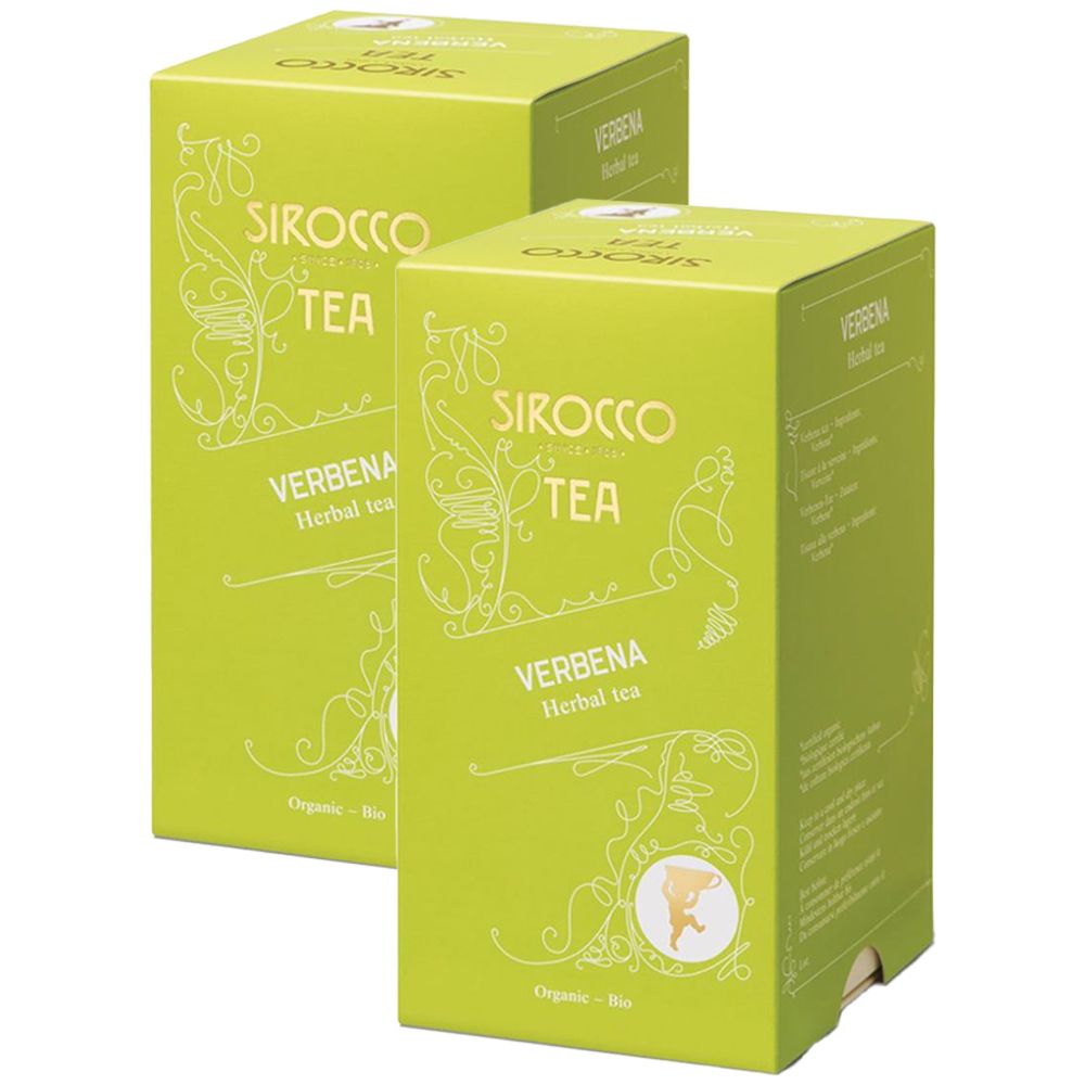 Deux boîtes vertes SIROCCO TEA. Inscription: VERBENA Herbal tea. Certification bio.