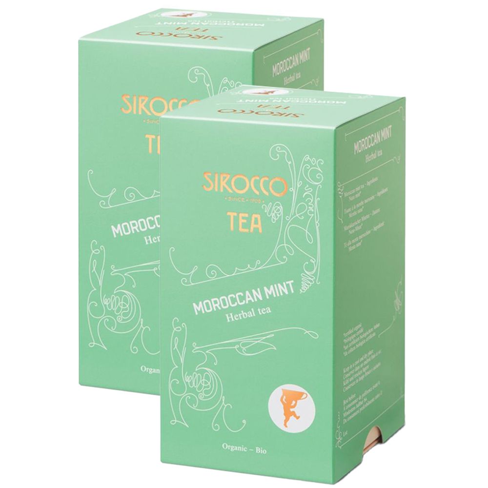 Deux boîtes vertes avec texte. Inscription : SIROCCO TEA, Moroccan Mint. Autocollants ronds avec logo. Label bio.