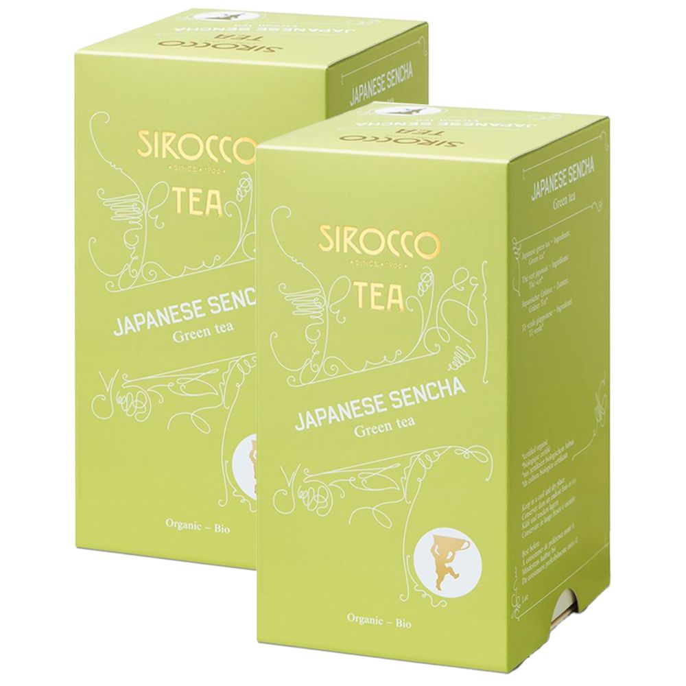 Deux boîtes vertes avec l'inscription SIROCCO TEA, JAPANESE SENCHA. Inscriptions : Organic - Bio, Green tea.