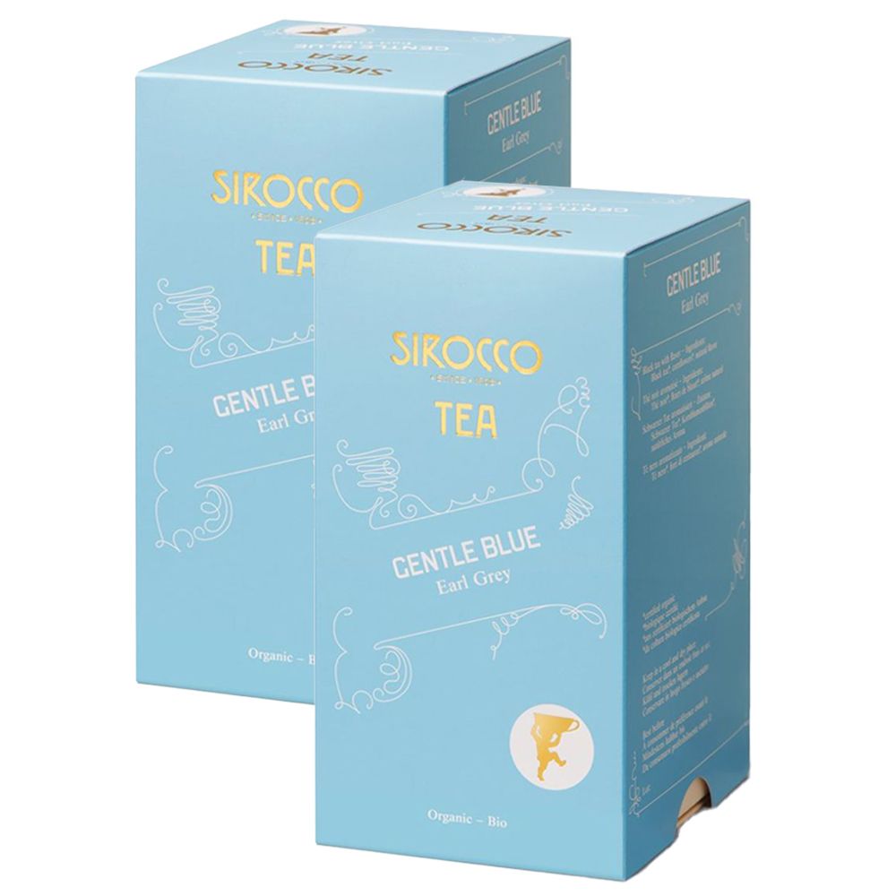 Deux boîtes bleu clair de SIROCCO TEA. Inscription : GENTLE BLUE Earl Grey. Logo avec une figure jaune.