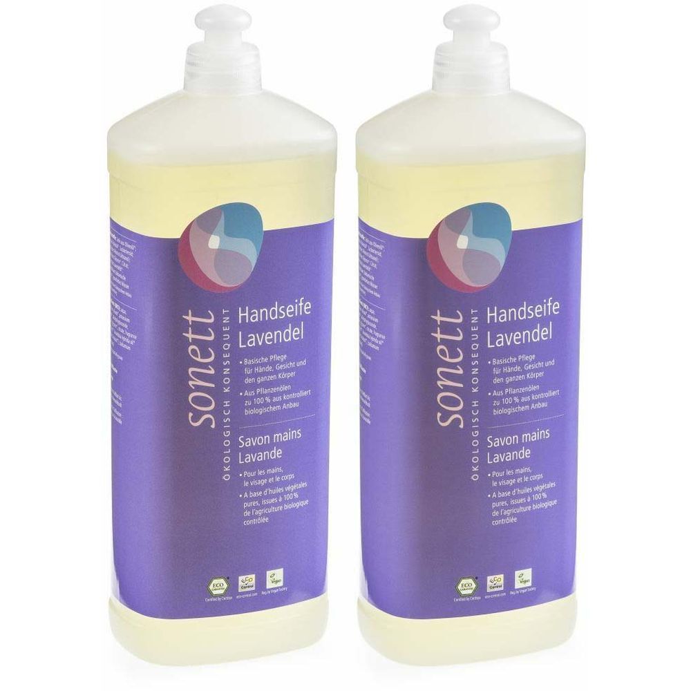 Deux flacons de savon liquide. Inscription : "sonett Handseife Lavendel". Étiquette violette avec informations et logo.