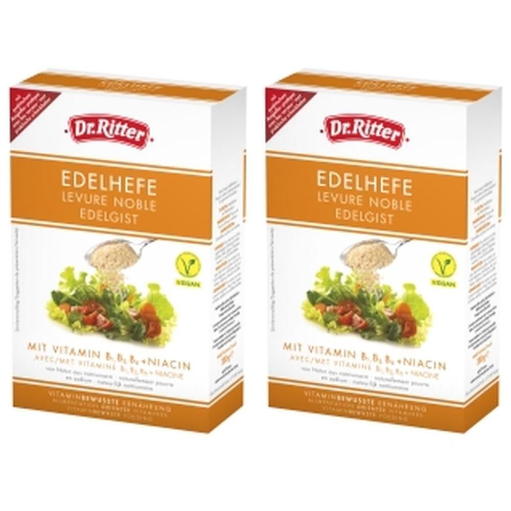 Deux paquets de levure noble Dr. Ritter avec vitamines B et niacine, végan.