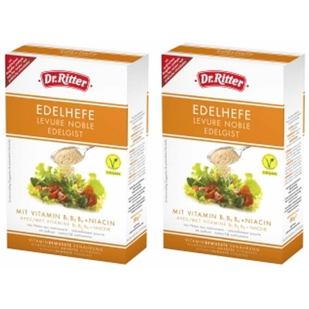 Deux boîtes de Dr. Ritter Edelhefe. Inscription : Edelhefe, Levure Noble, Edelgist. Avec vitamine B6, B2, niacine. Vegan.
