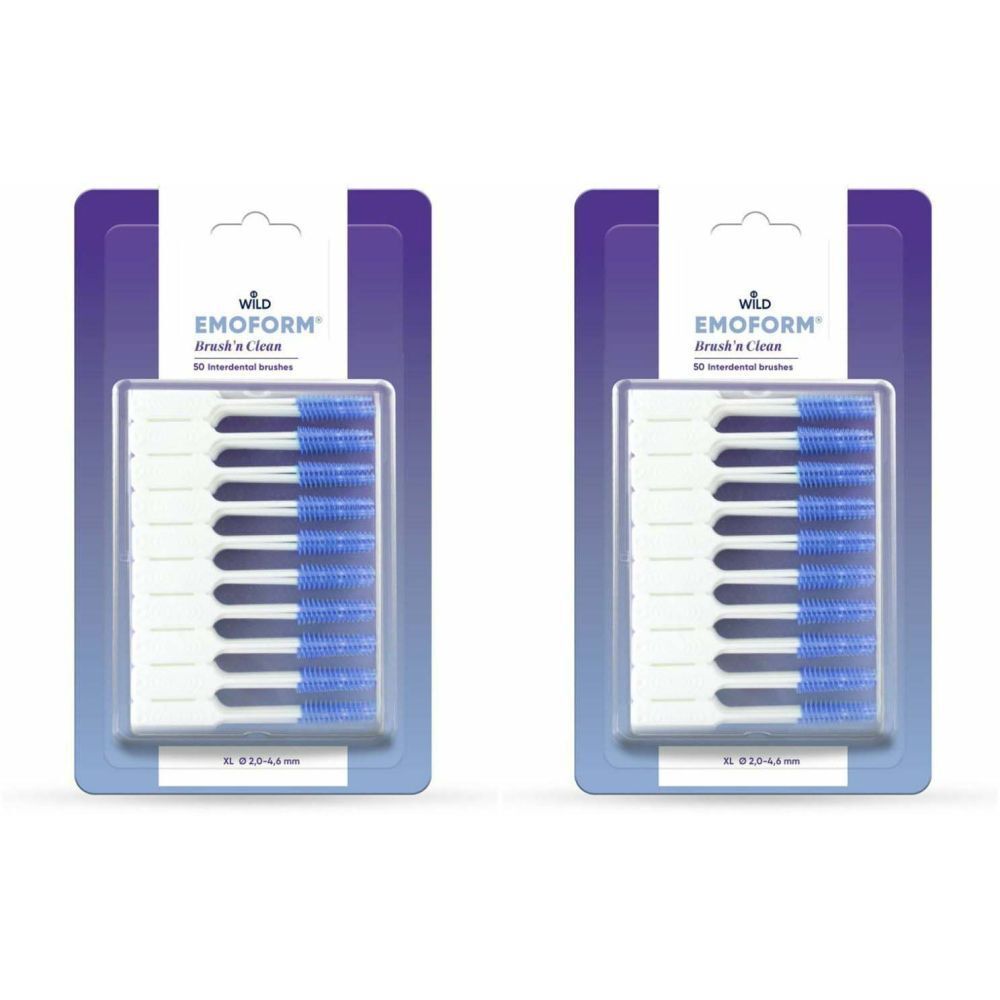 Deux paquets de EMOFORM Brush'n Clean. Chaque paquet contient des brossettes interdentaires avec poils bleus et manches blancs.