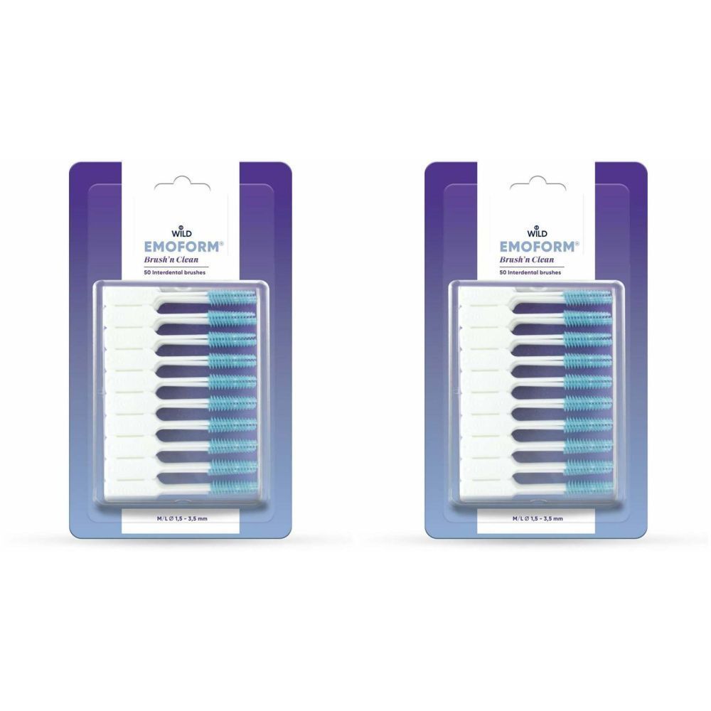 Deux paquets de EMOFORM Brush'n Clean. Chaque paquet contient des brossettes interdentaires. Inscription : 1,5 - 3,5 mm.