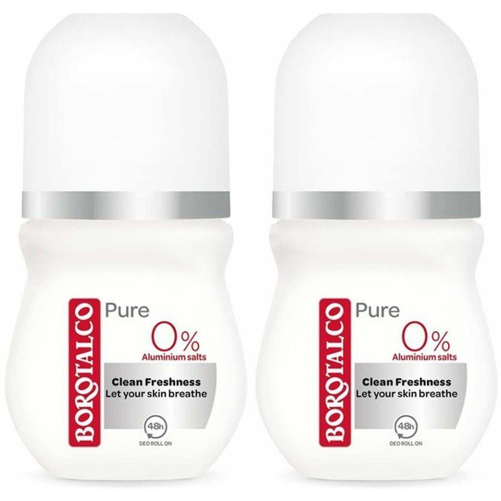 Deux déodorants roll-on blancs. Inscription BOROTALCO, Pure, 0% sels d'aluminium, Clean Freshness. Avec bouchon blanc et anneau argenté.