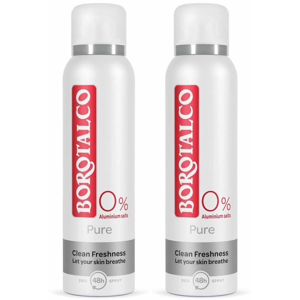 Deux sprays blancs avec étiquette rouge. Inscription BOROTALCO, 0% sels d'aluminium, Pure. Texte : Clean Freshness, Let your skin breathe.