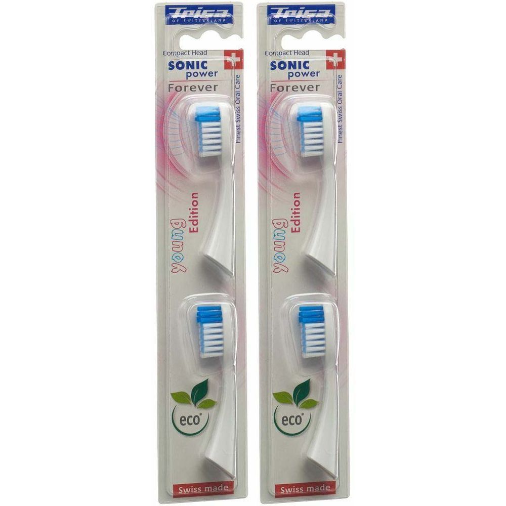 Deux têtes de brosse à dents blanches avec des poils bleus, emballées. Inscription : Sonic Power Forever Young Edition, eco, Swiss Made.