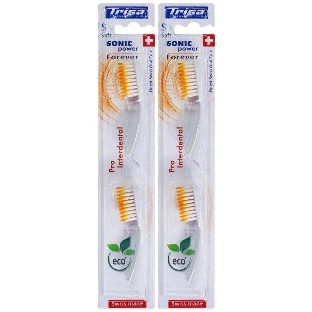 Deux têtes de brosse à dents de rechange dans un emballage. Marque Trisa, modèle Sonicpower Forever Pro Interdental. Soie souple, Swiss Made.