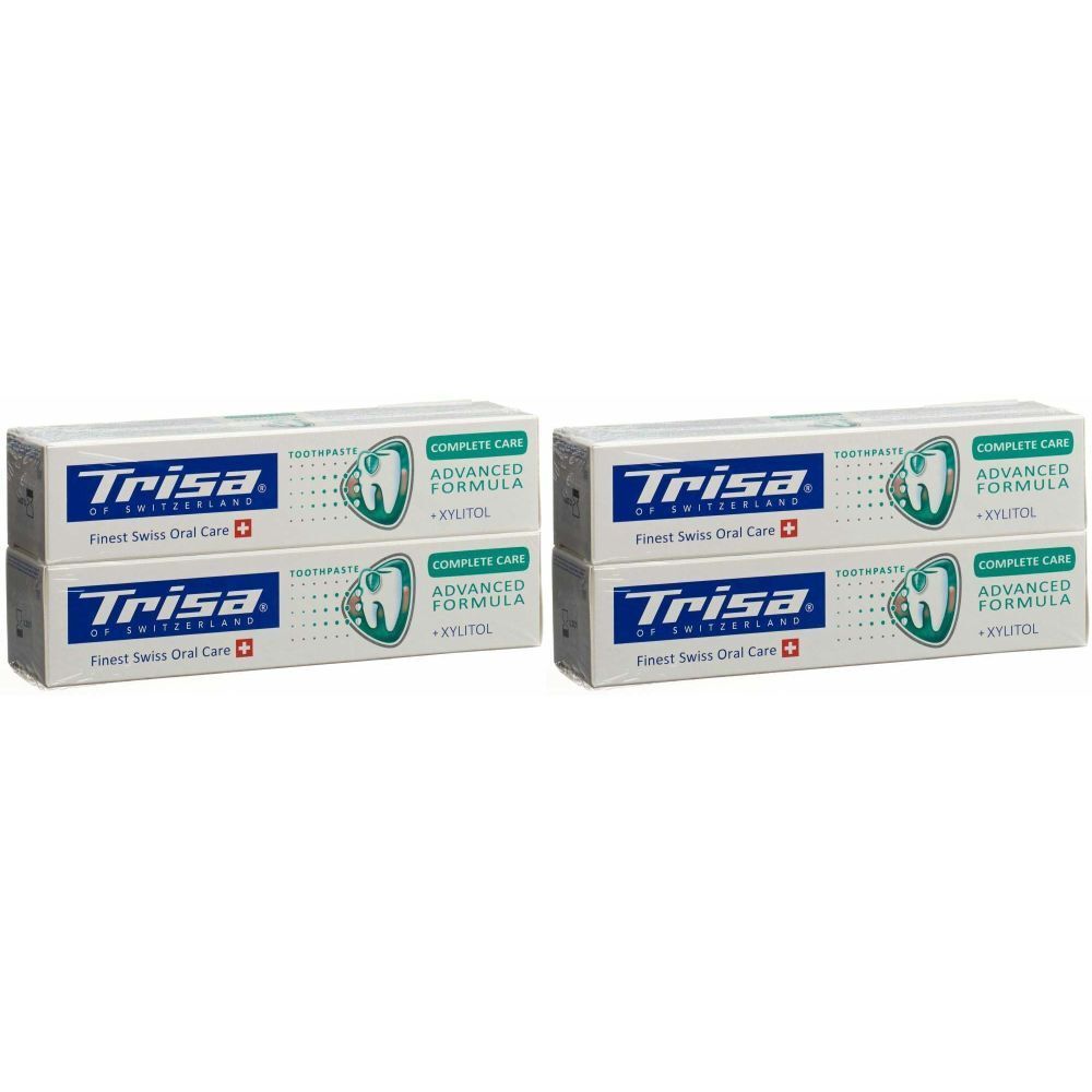 Deux piles de tubes de dentifrice. Chaque tube porte les inscriptions "Trisa", "Complete Care" et "Advanced Formula".