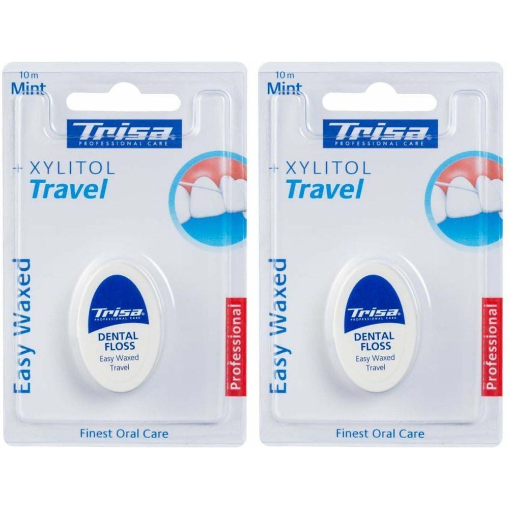 Deux paquets de fil dentaire. Emballage blanc avec logo bleu et nom du produit. Inscription : Xylitol Travel, Easy Waxed.