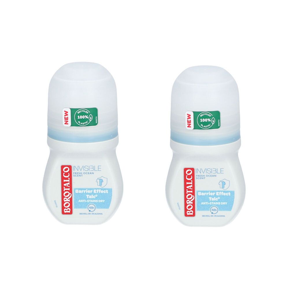 Deux déodorants roll-on. Flacons blancs avec bouchons blancs. Inscription BOROTALCO et INVISIBLE. Avec sceau vert.