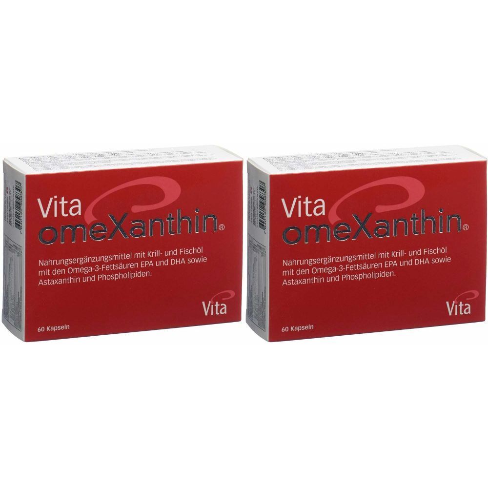 Deux boîtes rouges avec "Vita Omexanthin". Texte: Complément alimentaire avec huile de krill et de poisson. 60 gélules. Marque: Vita.