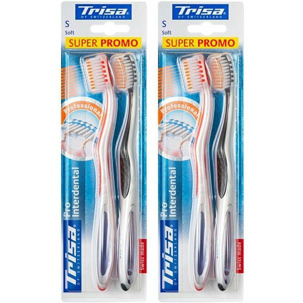 Deux brosses à dents dans un emballage blister. Marque Trisa, modèle Pro Interdental Duo soft. Emballage avec l'inscription "Super Promo".